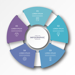 Infographic circular diagram with 5 options, parts. Five-step process chart with colorful segments, applicable for data visualization, presentation, business infographics.