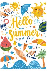 Hello Summer collection. Vector illustration of colorful funny doodle  icons such as suns, coconuts, ice cream cones, beach chairs, palm trees, waves, sailboats, boats, sunglasses, watermelon slices