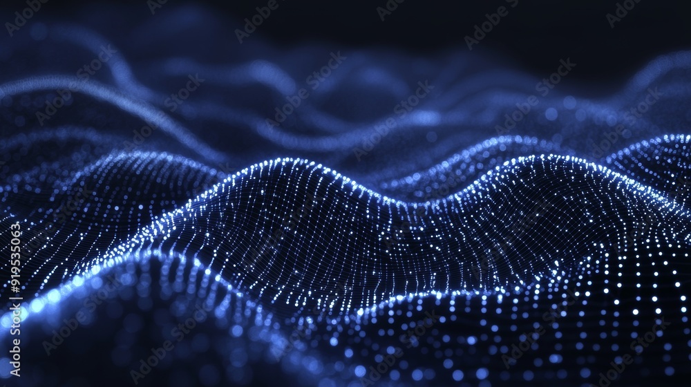 Poster wave 3d. particles in motion. abstract blue geometric background. data technology abstract illustrat