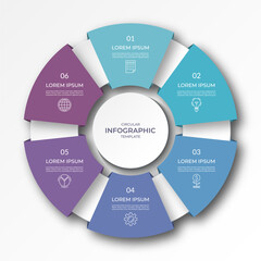 Infographic circular diagram with 6 options, parts. Six-step process chart with colorful segments, applicable for data visualization, presentation, business infographics.