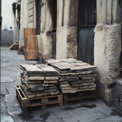 Tile pallets neatly positioned on the street.