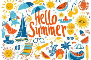 Hello Summer collection. Vector illustration of colorful funny doodle  icons such as suns, coconuts, ice cream cones, beach chairs, palm trees, waves, sailboats, boats, sunglasses, watermelon slices