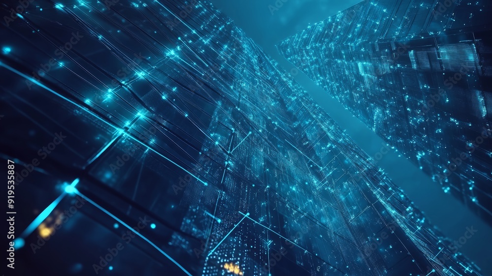 Poster a wireless network and connection technology concept with abstract buildings and a city background