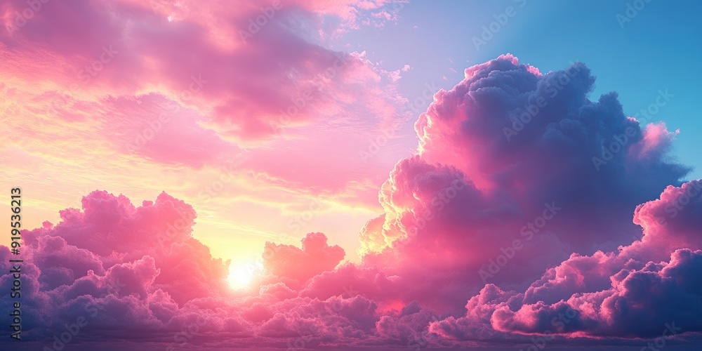 Sticker Pink and Blue Sky with Puffy Clouds at Sunset