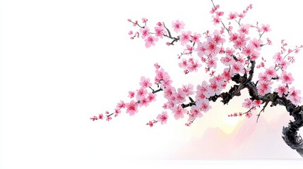 Cherry Blossom Elegance, delicate ink brush strokes depict a graceful cherry blossom tree, vibrant pink blooms contrast against a pristine white backdrop, symbolizing beauty and transience.