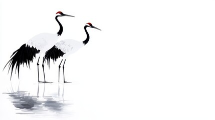 Obraz premium Cranes by Tranquil Waters, elegant brush strokes depict serene cranes beside a flowing river, showcasing traditional Chinese artistry on a pristine white canvas.