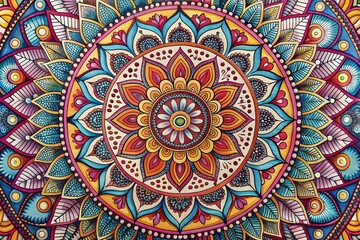 Fototapeta premium Tribal ethnic seamless pattern with mandala round circular ornament, geometric floral repeating texture. Vector decorative colorful background
