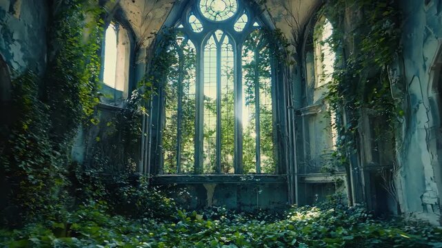 Overgrown abandoned church. Decaying cathedral interior. Post-apocalyptic environment
