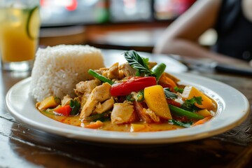 A plate of Thai food, chicken with red oil lampang sauce and rice on the side