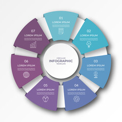 Infographic circular diagram with 7 options, parts. Seven-step process chart with colorful segments, applicable for data visualization, presentation, business infographics.