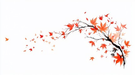 Chinese ink brush painting of falling autumn leaves, vibrant hues of red and gold, delicate brushstrokes capturing the essence of seasonal change, elegant and serene composition.