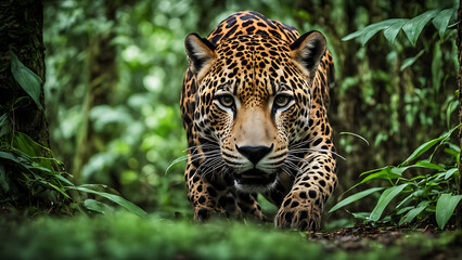 Naklejka premium A powerful jaguar moves stealthily through the dense foliage of a rainforest, its piercing gaze locked on its prey