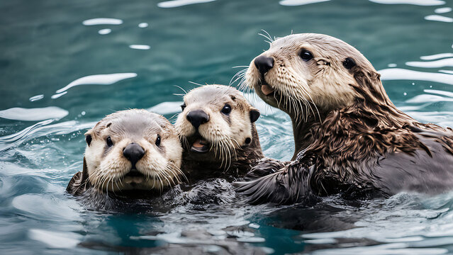 A group of playful sea otters swim together in the clear blue water