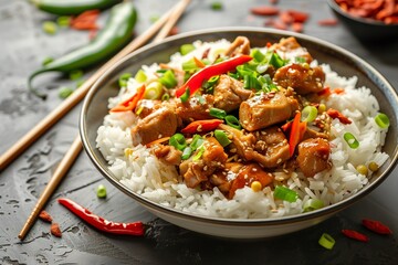 Sichuan style stewed chicken and rice on a dark background, close-up.