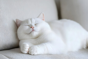 A serene white cat peacefully sleeping on a soft couch, exuding tranquility and warmth in a cozy environment.