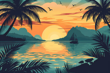 Fototapeta premium tropical landscape illustration, beautiful beach view with mountain