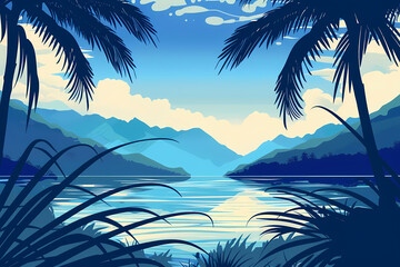 tropical landscape illustration, beautiful beach view with mountain