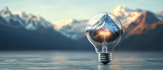 A lightbulb with a mountain inside, representing the challenges overcome by motivation to achieve innovative ideas