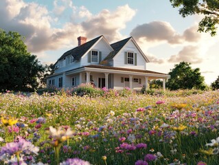 A White House Amidst a Field of Flowers