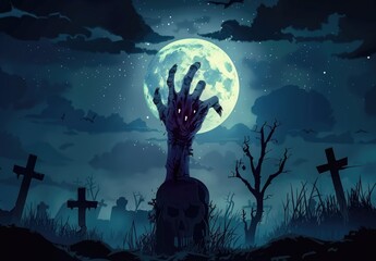 Halloween Night Scene: Zombie Hand Emerging from Grave Under Moonlight with Crosses