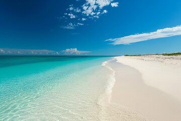 Fototapeta premium A pristine beach with turquoise waters and white sand, extending into the horizon under a clear blue sky, embodying tranquility and untouched beauty.