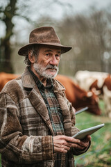 Senior Farmer Embracing Technology Using Digital Tablet on Farm with Cow Herd in Background