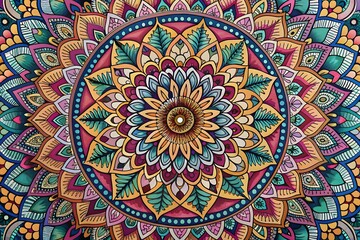 Fototapeta premium Tribal ethnic seamless pattern with mandala round circular ornament, geometric floral repeating texture. Vector decorative colorful background