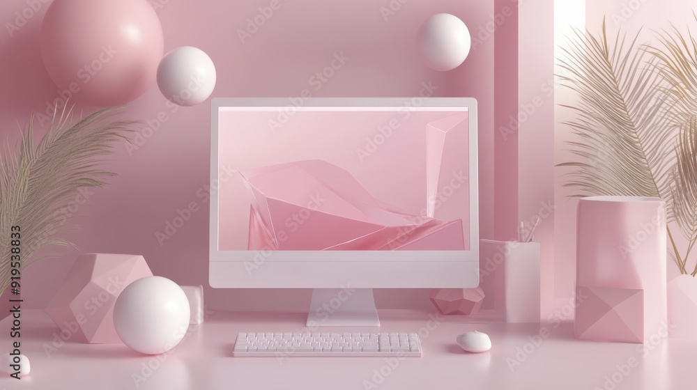 Aufkleber modern minimalist workspace with abstract computer and geometric shapes illuminated by soft lighting