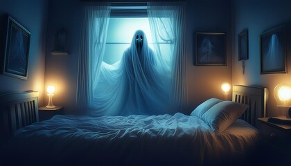 Creepy blurred ghost figure behind a bedroom window at night Creating a haunting and mysterious atmosphere perfect for a halloween horror scene