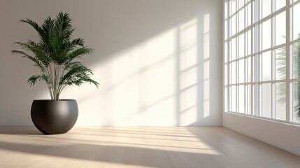 Empty bright room with wooden floor, minimalist interior with plant and sunlight from the large window.