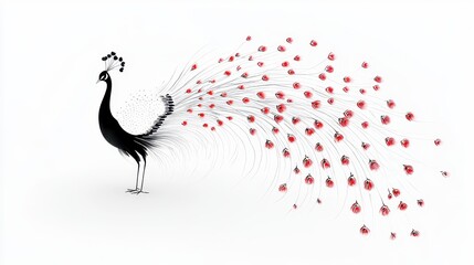 Fototapeta premium Elegant Chinese ink brush artwork of a peacock displaying its vibrant feathers, showcasing intricate details and fluid brushstrokes against a pristine white backdrop.