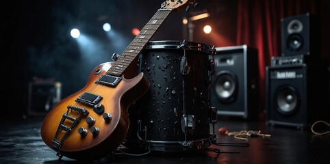 Naklejka premium Party music decorations with rock and roll instruments on black background design template for a music festival banner or concert poster