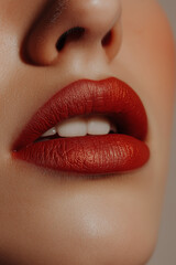 Naklejka premium A close-up of lips with deep red lipstick, emphasizing texture and detail, representing beauty and sensuality with copy space for design use.