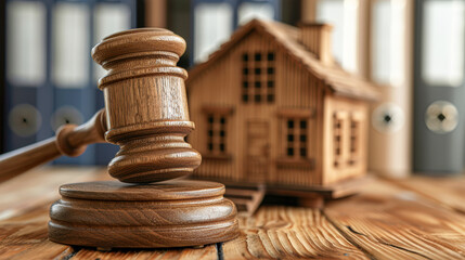 A wooden gavel sits on a wooden table next to a house