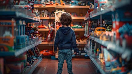 Obraz premium Child in a toy store aisle, gazing at shelves lined with colorful toy cars and vehicles, in a captivating shopping environment.