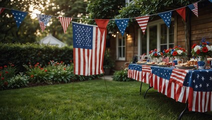 Patriotic garden party decorations with American flag bunting. Perfect for Independence Day, Memorial Day, or a summer celebration