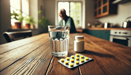 A glass of water and prescription pills on a countertop, with an elder person in the background, concept of healthcare and treatment