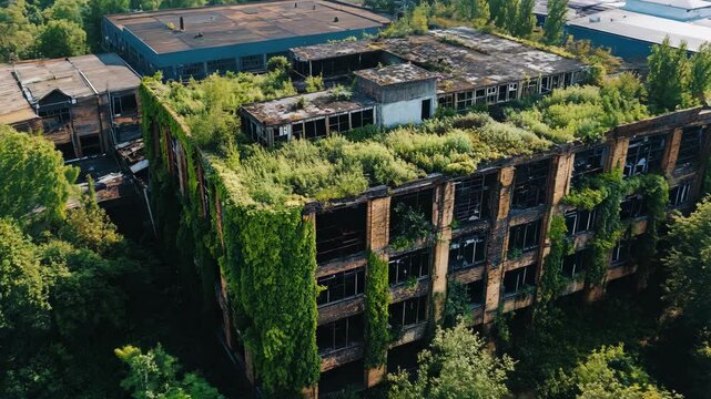 Aerial view of overgrown abandoned city. Ruined skyscrapers in post apocalyptic cityscape. Dystopian urban landscape. War aftermath concept, apocalypse. 