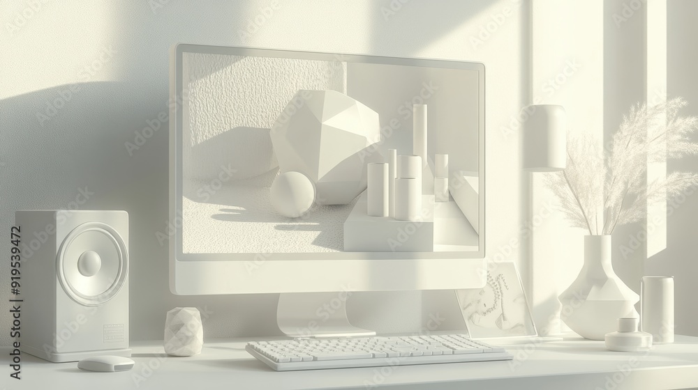 Poster futuristic computer with geometric figures - modern 3d render with clean design and soft shadows