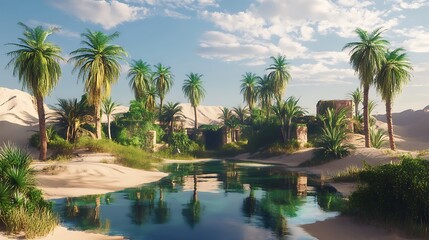 Oasis in the Desert with Palm Trees and a Reflecting Pool