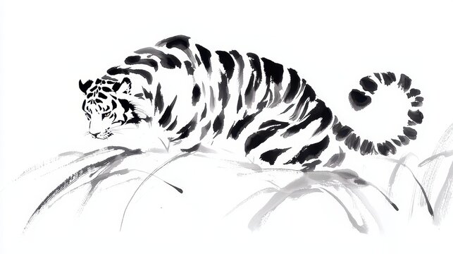 Crouching Tiger in Ink, A traditional Chinese ink brush painting showcasing a majestic tiger in a poised crouch, set against a pure white backdrop for striking contrast.
