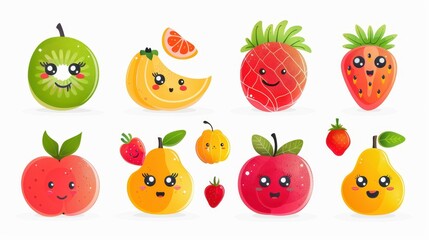 Bright and playful cartoon fruits display joyful expressions on a clean surface