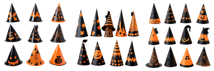 Set of black and orange Halloween party hats in various shapes on a transparent background