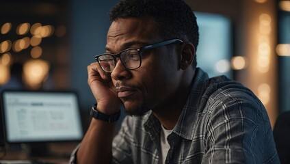 Pensive African American man in glasses distracted from computer work look in distance thinking or pondering, thoughtful biracial male lost in thoughts make plans visualizing, business vision concept