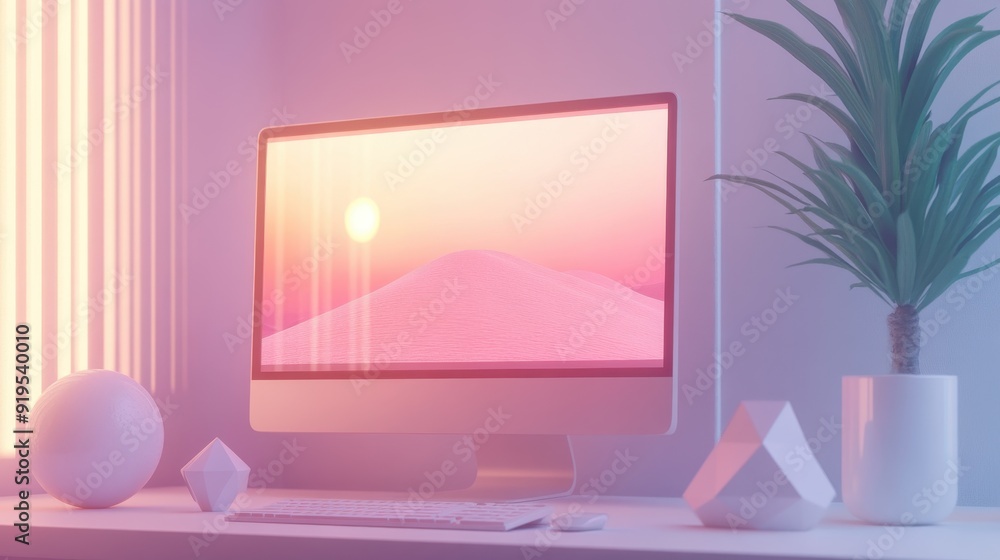 Aufkleber modern 3d rendered computer mockup with geometric objects in minimal design aesthetic