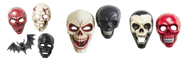 set of assorted plastic Halloween masks including a vampire and a skeleton on a transparent background