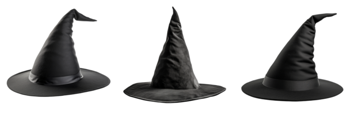 set of classic black witch hats with a wide brim on a transparent background