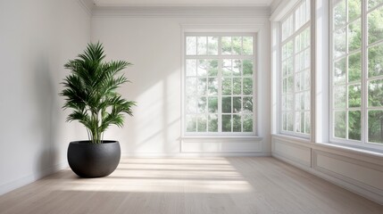 Empty bright room with wooden floor, minimalist interior with plant and sunlight from the large window.