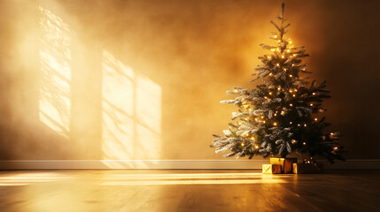 Beautiful Christmas Tree with Golden Lights Indoors