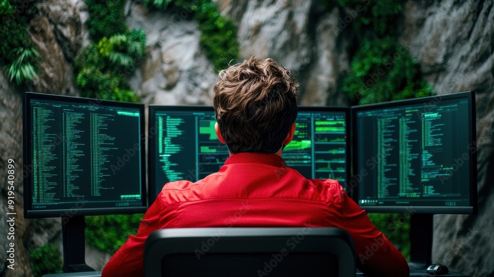 Poster a person in a red shirt working at multiple monitors, analyzing data in a lush environment, showcasi